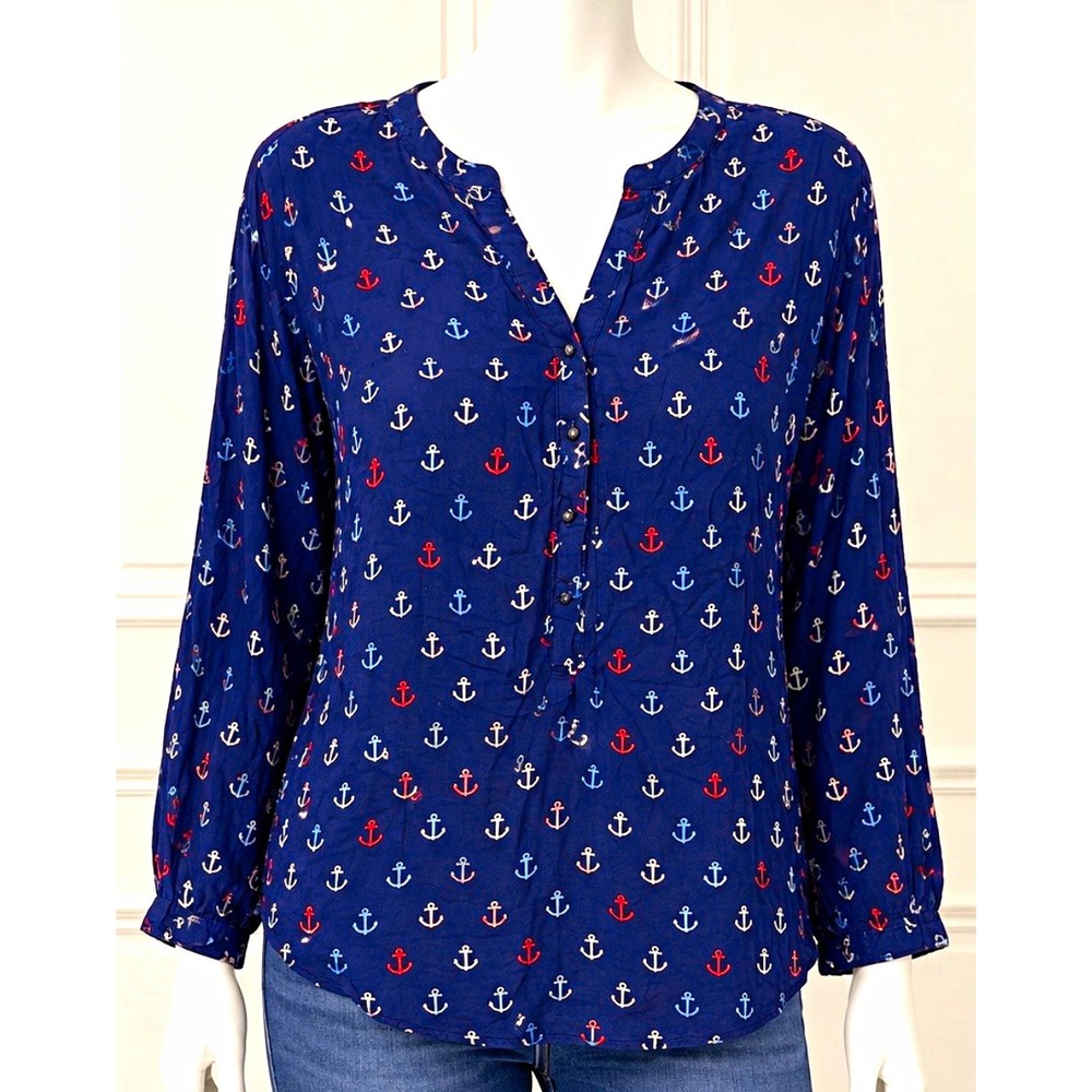 Grand & Greene Women's Nautical Anchor Print V-Neck Long Sleeve Blouse XL